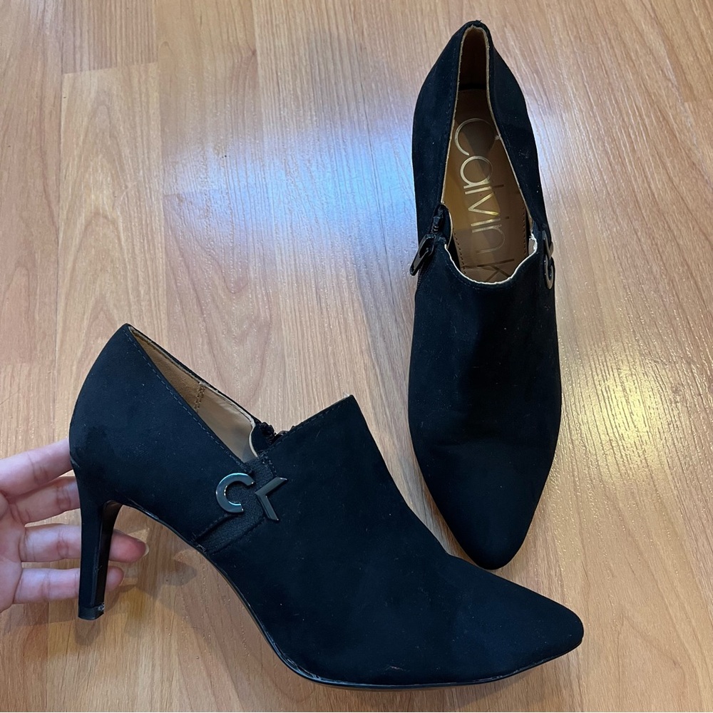 Calvin Klein suede ankle bootie heels